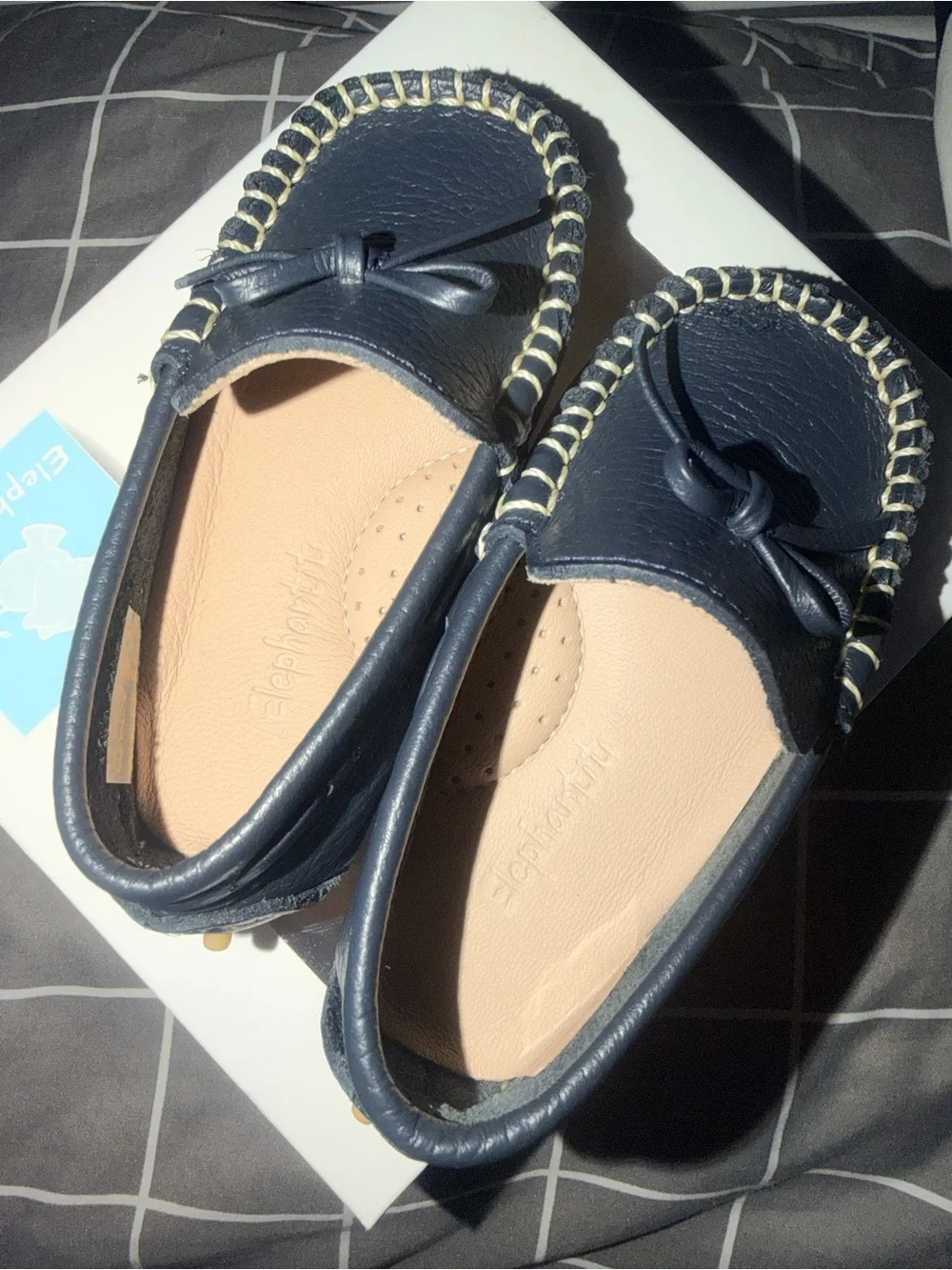 Elephantito Navy Leather Baby Moccasins with Contrast Stitch